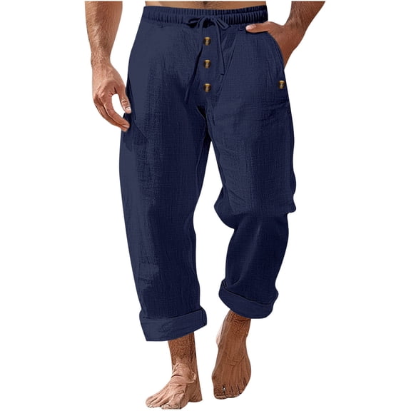 CLOISE Men Linen Pants Casual Dress Pants with Pockets Big and Tall Drawstring Cropped Pants Beach Solid Baggy Trousers Button Vacation Clothes
