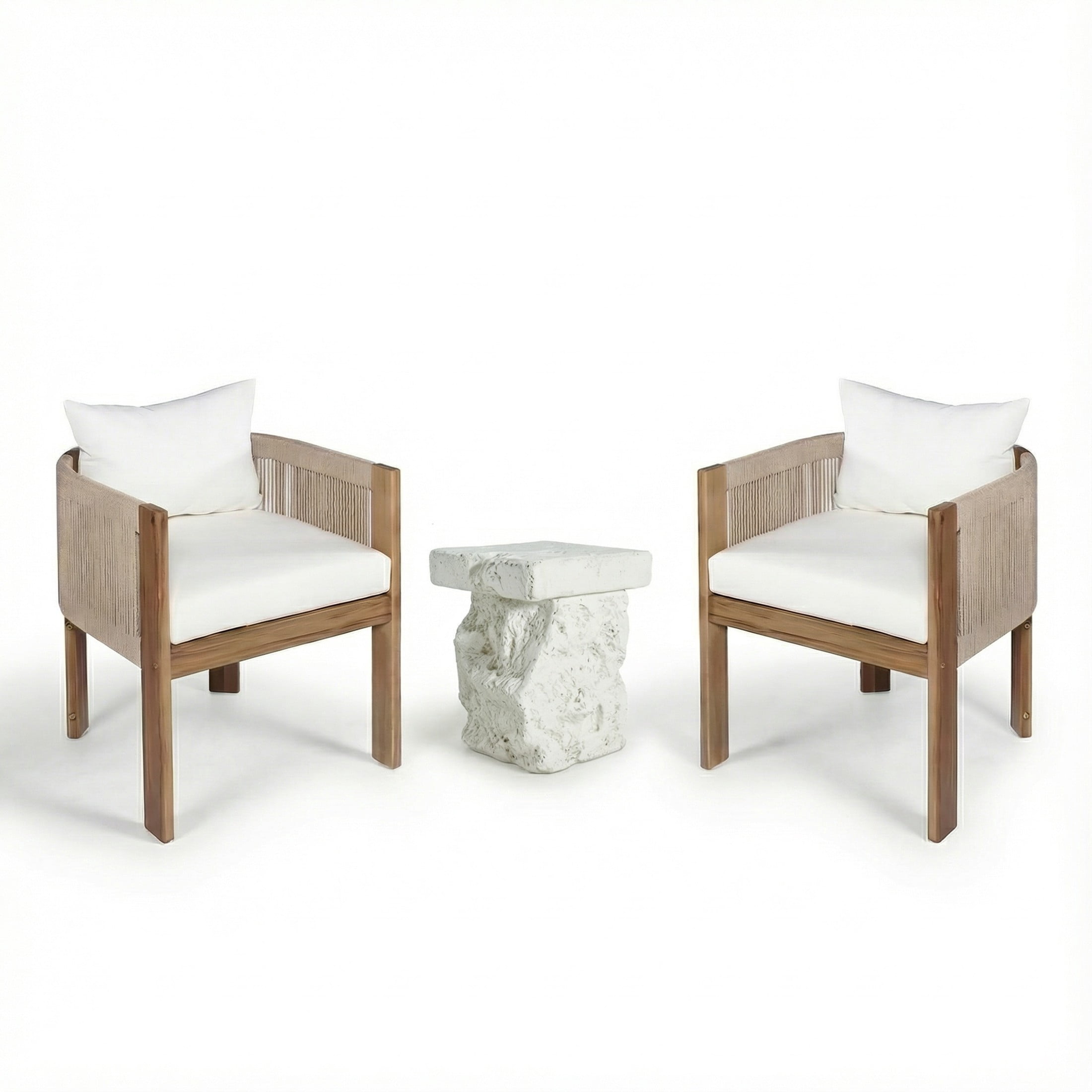 Christopher Knight Home Outdoor Chat Set, Dining Chairs with Cushions & Side Table, Teak+White