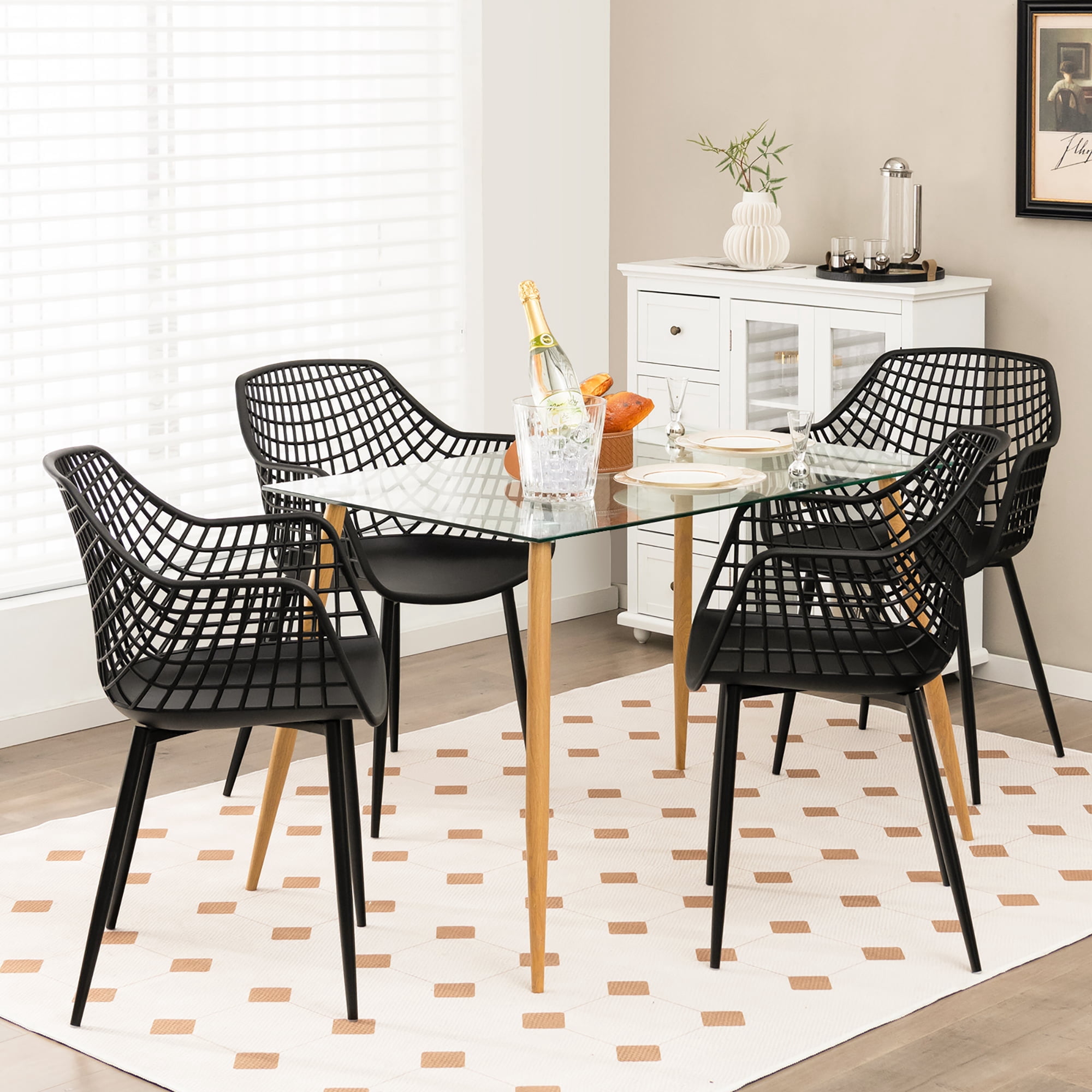 Costway Modern Dining Chair Set of 4 Plastic Shell Hollow withMetal Legs for Living Room Black
