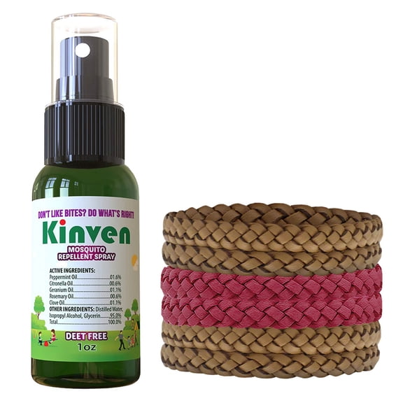 Kinven Bracelets and Spray Pack for Mosquito - 1oz Bottle 4 Brown & 2 Red Bracelets, Great Looking and Natural, Insect Wristband & Spray, Waterproof, Indoor Outdoor Protection for Adults & Kids