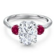 thumbnail image 3 of Gem Stone King 925 Sterling Silver Red Created Ruby Ring Set with Oval Moissanite (3.50 Cttw), 3 of 7