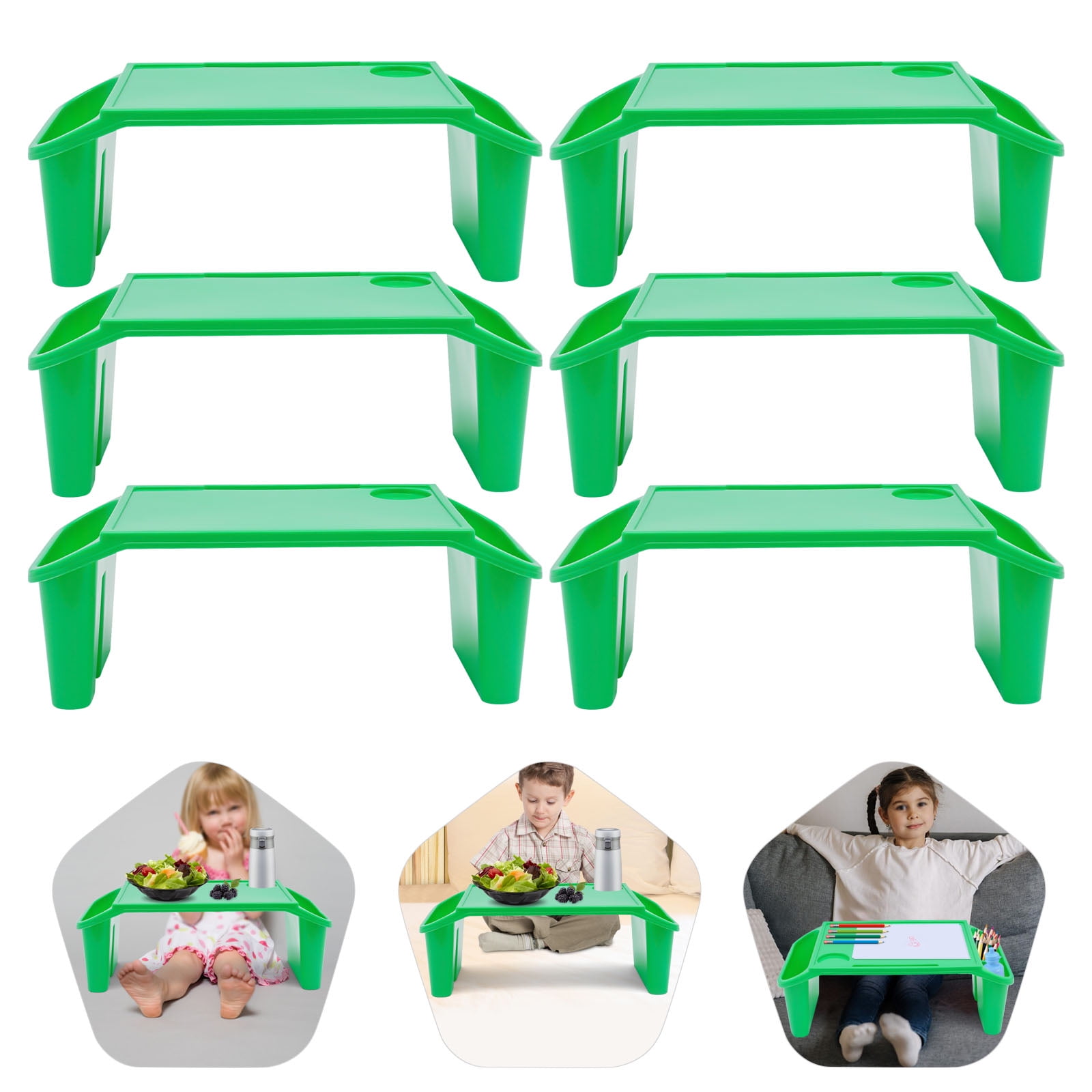 6 Pcs Green Color Kids Lap Desk Tray, Rectangle Shape Plastic Breakfast Laptop Trays with Side Pockets, Portable Lap Bed Table