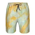 thumbnail image 3 of Honeii's Yellow With Teal Marble Print Men's Casual Shorts with Drawstring，Swim Trunks Quick Dry Beach Shorts, 3 of 5