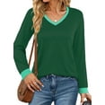 thumbnail image 2 of MOSHU Color Block T Shirts for Women V Neck Long Sleeve Womens Shirts Loose Fall Tops with Pocket, 2 of 8