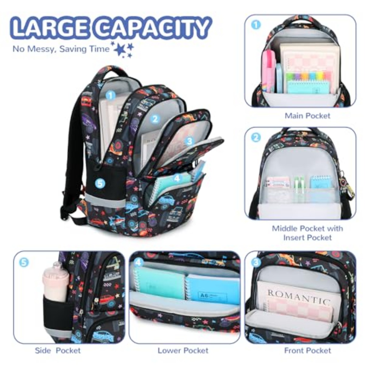 Mochila para niños con estampado de autos, para primaria, ligera, impermeable, para adolescentes, negra 6