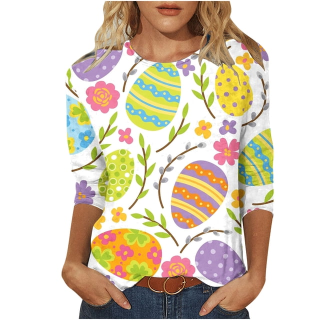 YanHoo Chemises de Pâques à Manches 3/4 pour Femmes, Hauts Graphiques Amusants à Manches 3/4, T-Shirts Décontractés Col Rond, chandail-Overs, Tenues de Printemps 2025, Cadeaux de Fête des Mères pour Maman en Liquidation