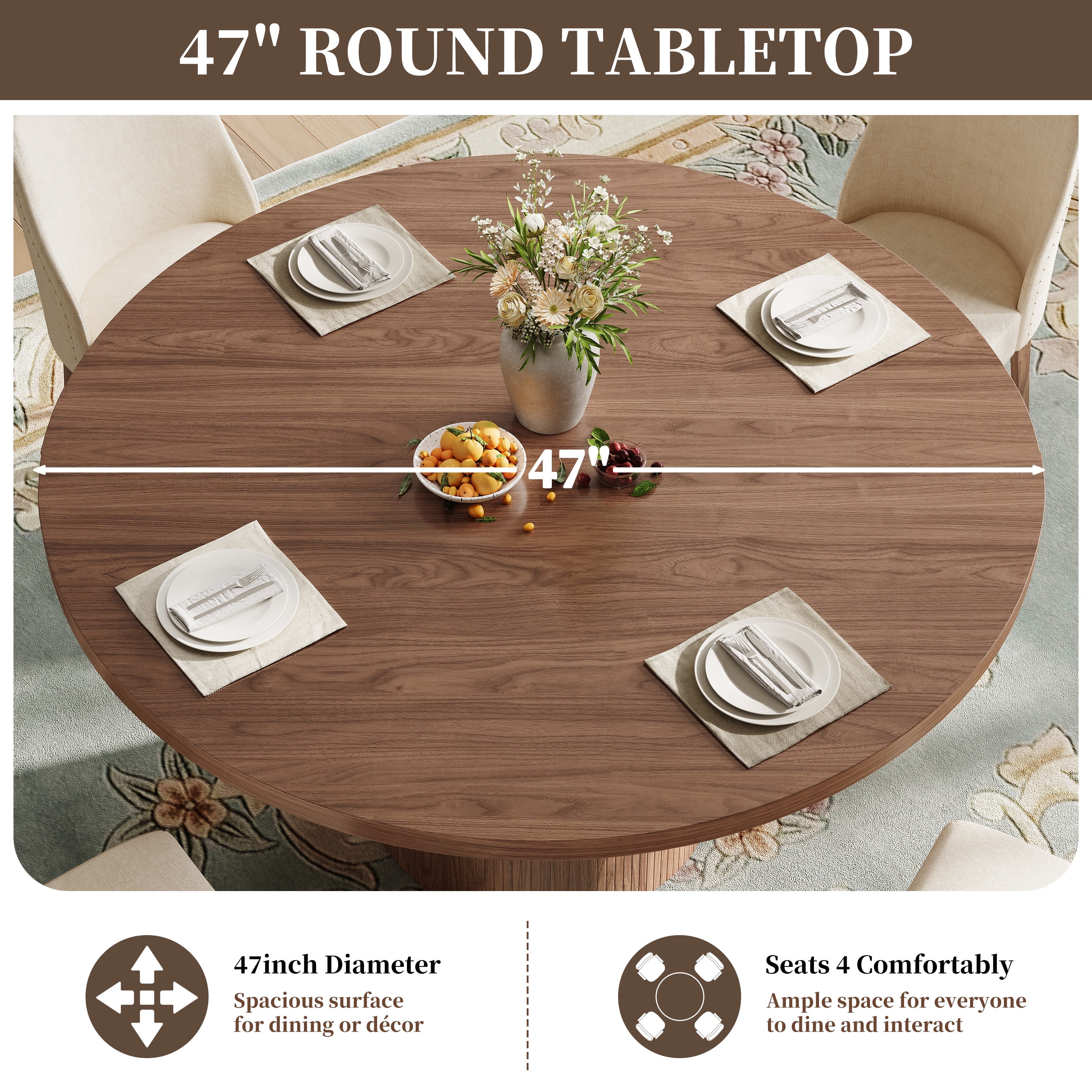 47" Dining Table, LEGAHOME Round Kitchen Table for 4, Wooden Circle Pedestal Table for Dining Room with 1.1in Thickness Tabletop, Walnut(Only Table)