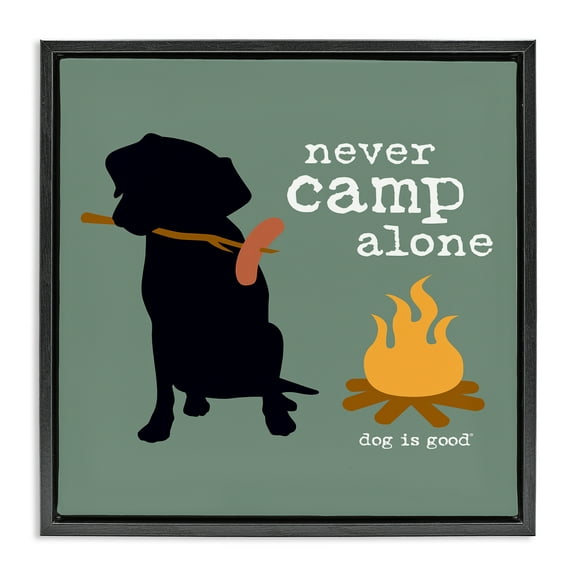 Stupell Industries Never Camp Alone Dog Animals Painting Black Floater Framed Canvas Art Print Wall Art, 18 x 18