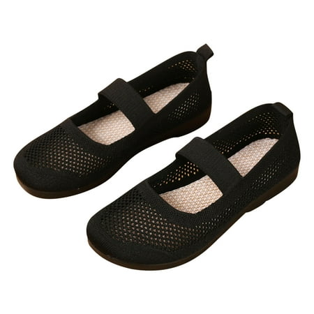 Women s Breathable Mesh Knitted Flat Shoes Comfortable Slip On Walking Shoes Low Heel Elastic Strap Soft Sole Flats Black 37