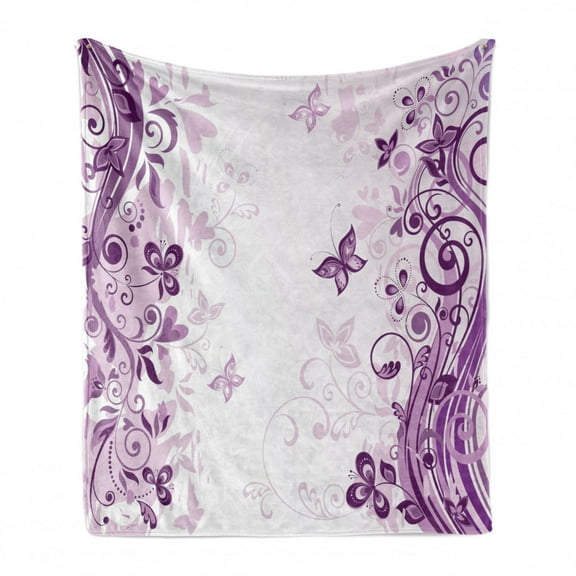 Butterfly Soft Flannel Fleece Blanket, Illustration of Fairy Butterflies with Swirling Flowers Silhouette Floral Design Art, Cozy Plush for Indoor and Outdoor Use, 50" x 60", Violet, by Ambesonne
