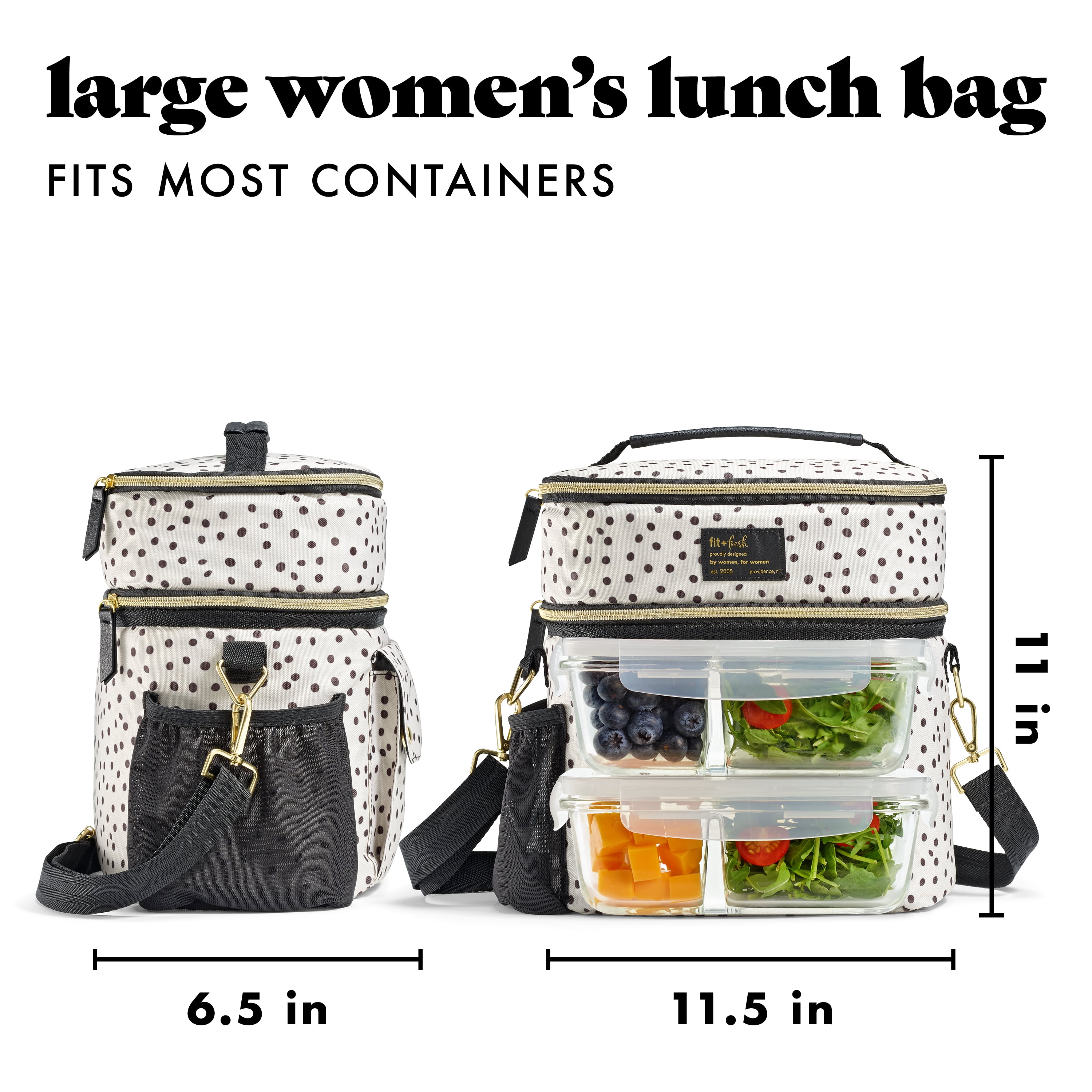 Fit + Fresh Dual Compartment Lunch Bag For Women, Insulated Lunch Box With Containers, B&W Dot
