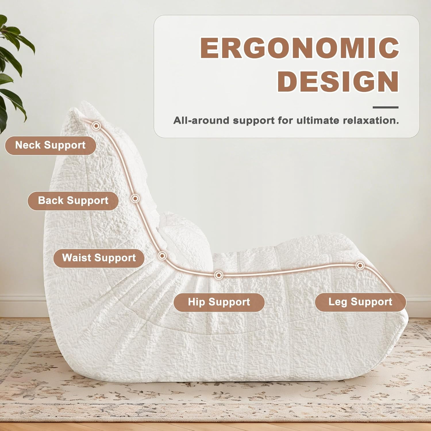 Bean Bag Chair for Adults - Large Bean Bag with Lumbar Pillow, Oversized Chenille Boneless Chair with High-Rebound Memory Foam, Lazy Floor Sofa for Reading, Gaming, Living Room, Bedroom, White