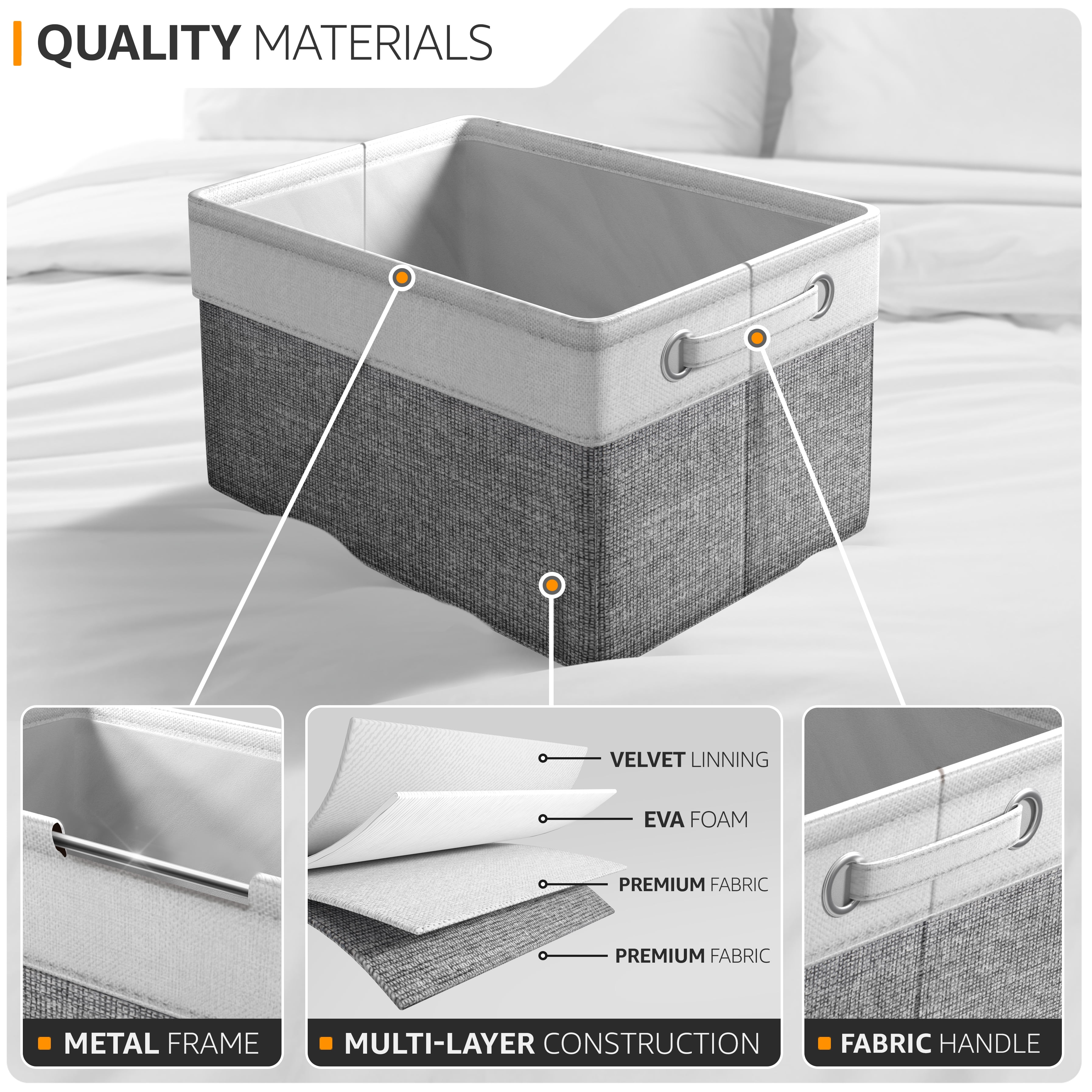 Sorbus Fabric Storage Bins for Shelves - 15" Sturdy Collapsible Baskets with 2 Handles, 3-Pack for Home Organization, Closets, Toys, Clothes, White/Gray