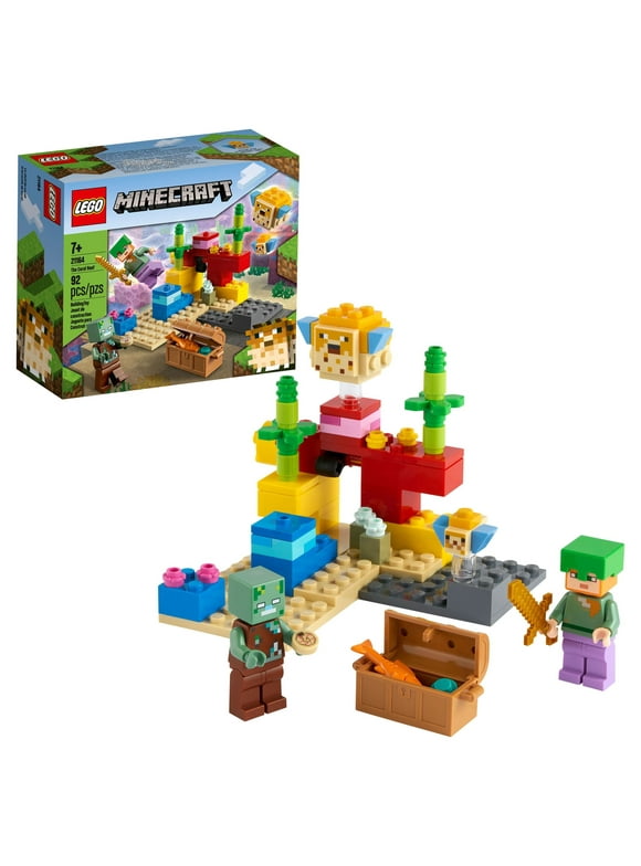 LEGO Minecraft The Coral Reef 21164 Building Toy with Alex, 2 Brick-Built Puffer Fish Animal Figures and Drowned Zombie Figure, Gifts for Kids, Boys & Girls
