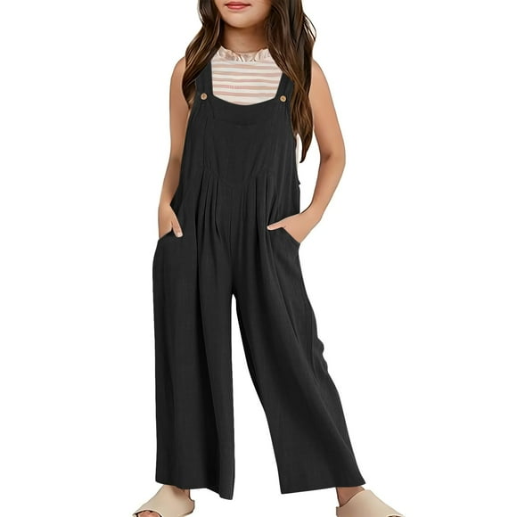 Girls Overalls Kids Casual Sleeveless Wide Leg Jumpsuit Loose Rompers With Pockets 5 14 Years Black