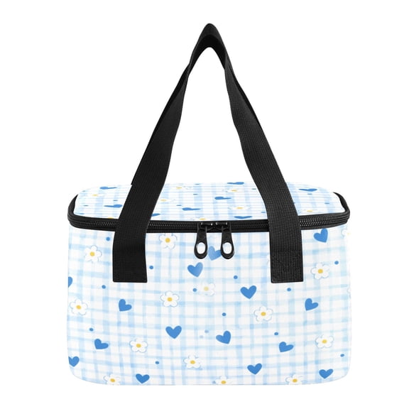 6L Insulated Lunch Bag Square Handheld Cooler Tote Blue Gingham Hearts and Flowers Reusable Thermal Bag with Polyester & Aluminum Lining for Work Picnic Travel