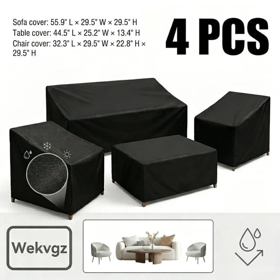Wekvgz 4 Piece Patio Furniture Cover Set Waterproof 420D Heavy Duty Outdoor Furniture Cover with Windproof Buckle Strap and Adjustable Drawstring Tear-Resistant Sofa Table Chair Protect Cover