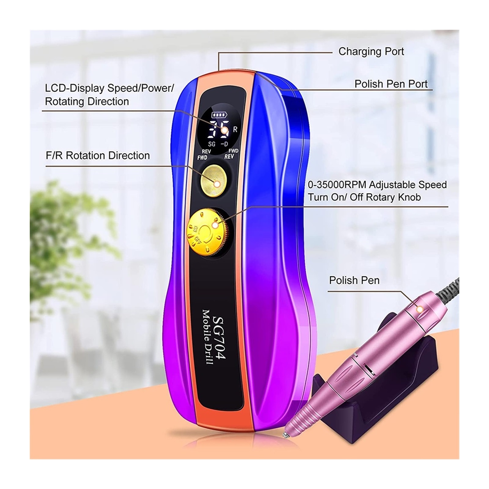 Electric Nail Drill For Acrylic Nails, Professional 35000RPM Rechargeable Nail Drill Machine For Acrylic Gel Polishing Remove ,Low Noise
