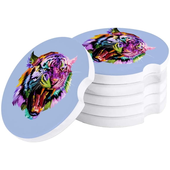 FMSHPON Pop Art Style Colorful Tiger Set of 4 Car Coaster for Drinks, Absorbent Ceramic Stone Coasters Cup Mat with Cork Base for Home Kitchen Room Coffee Table Bar Decor