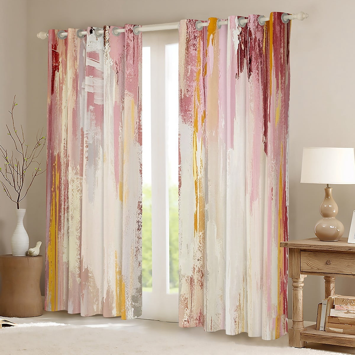 Manfei Pink Beige Ombre Black Out Curtains for Girls, Watercolor Oil Painting Curtains Pack of 2 (42x63 Each), Abstract Gradient Art Bedroom Curtains, Ultra Soft Bedroom Decor
