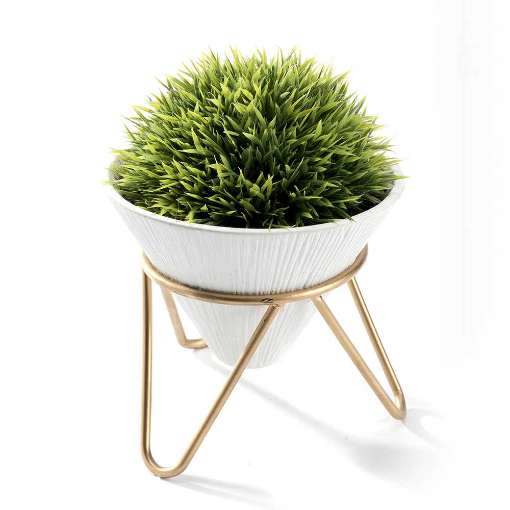 K-Cliffs Modern Design Artificial Plant,Faux Greeny Grass Potted in Conical Shape White Ceramic Pot with a Removable Galvanized Brass Metal Rack
