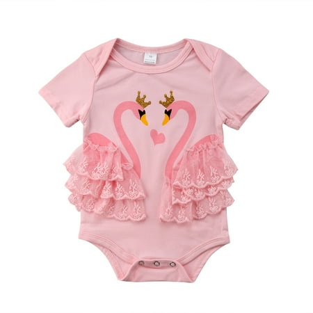 

COUTEXYI Baby Girls Short Sleeve Romper Swan Print Lace Trim Jumpsuit Summer One-piece Bodysuit