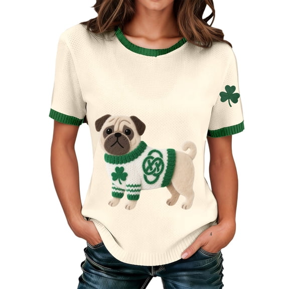 T Shirts For Women Fashion Tees Tops Cute Animal Dog Graphic Color Block Short Sleeve Loose Fit Clothes Beige