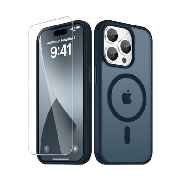 Eryueer for iPhone 15 Pro Case, Matte Magnetic Phone Cover [with 1 Screen Protector] [Support for MagSafe] [Shockproof Military Grade Protection] Translucent Frosted Back, Navy Blue