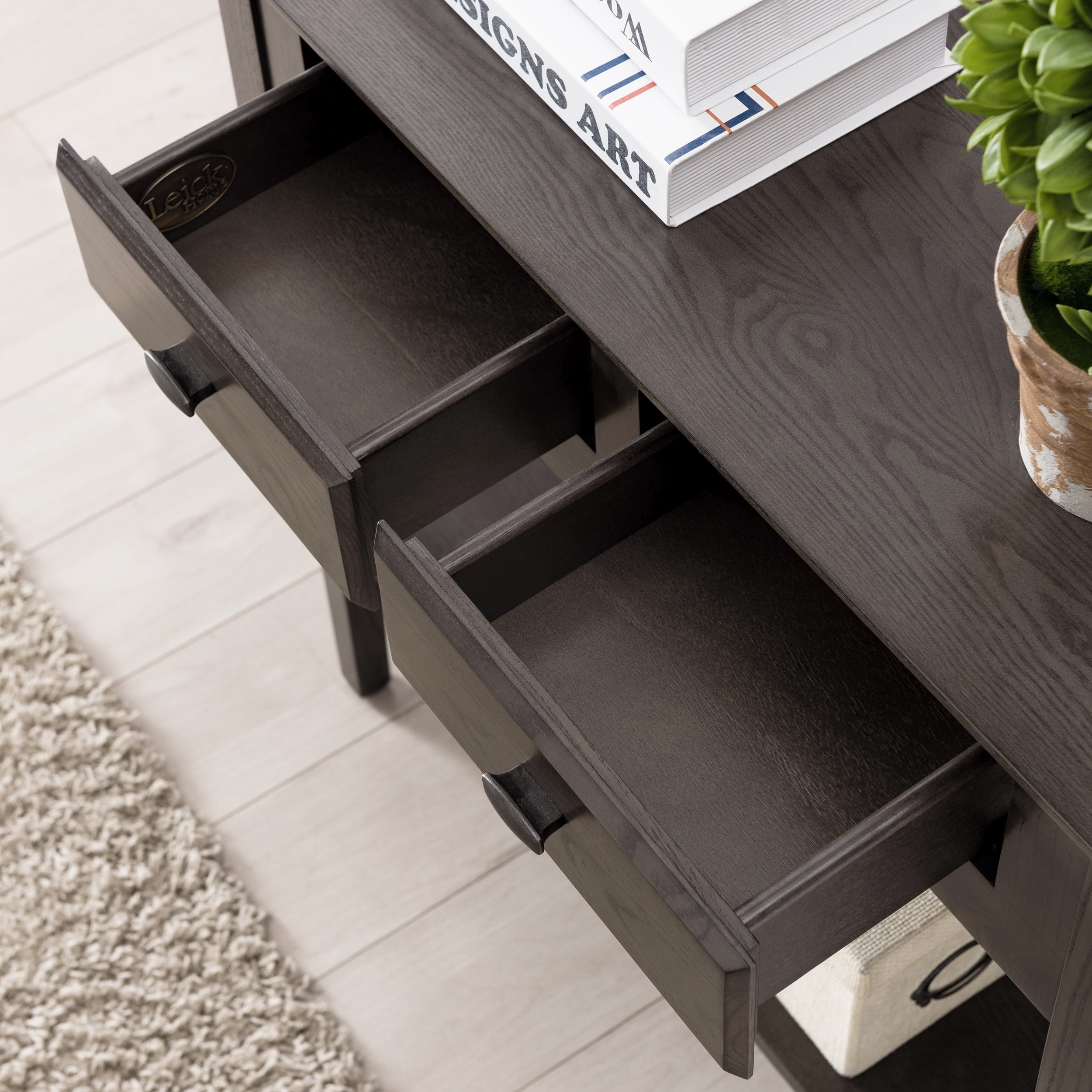 Leick Home Teegan Solid Wood 2-Drawer Entryway Console Table with Shelf, Smoke Gray