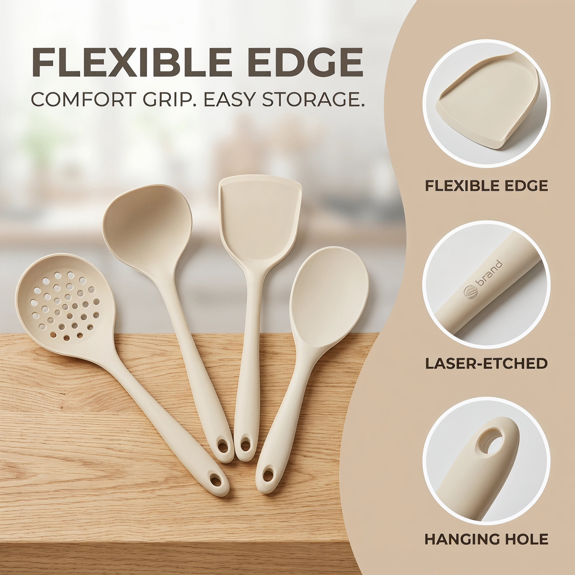 Unique Bargains Non Stick Cookware Silicone Kitchen Utensil Set Beige 4Pcs