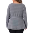 thumbnail image 3 of Blusa de mujer de talla grande con mangas largas y diseño de pata de gallo, con cinturón y lazo en la cintura, 3X, azul oscuro, 3 of 6