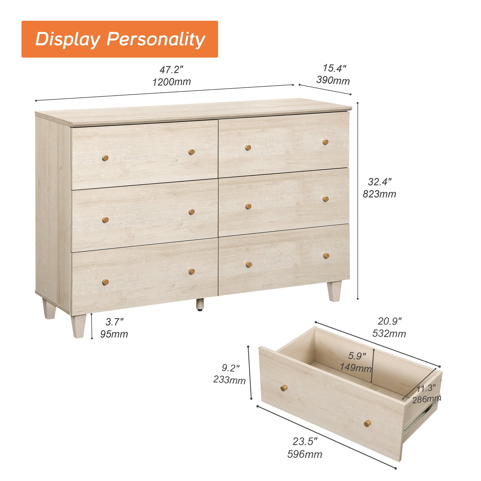 WAMPAT Dresser and Nightstands Set of 3, Wood Dresser with 6 Drawers, 2 Pieces Nightstands with Charging Stations for Living Room, Natural Oak