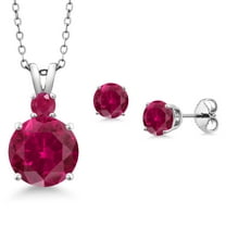 Gem Stone King 925 Sterling Silver Round Red Created Ruby Pendant and Earrings Jewelry Set for Women (5.45 Cttw, Gemstone Birthstone, with 18 inch Chain)