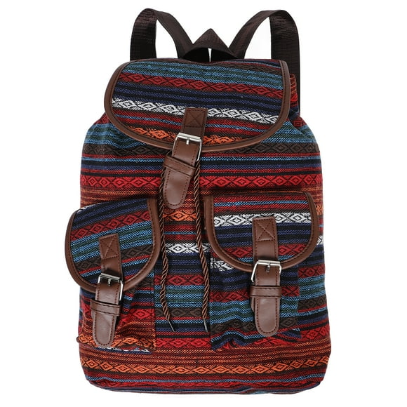 Mochila con cordón de estilo étnico para mujer, bolso de cubo a cuadros vintage de gran capacidad, estilo bohemio, mochila de lona única, mochila escolar de moda