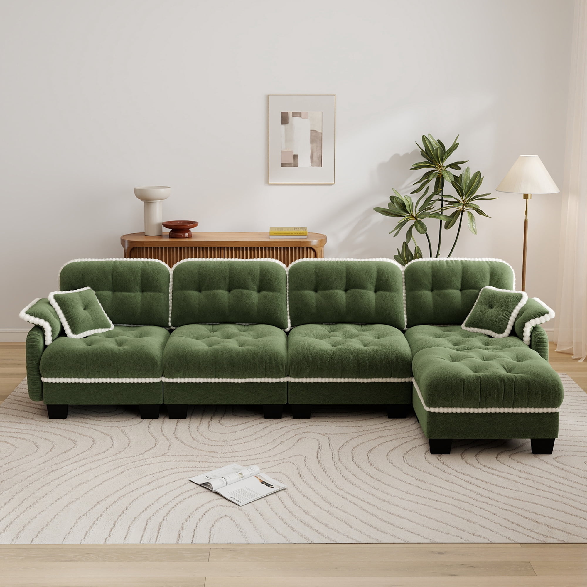 Aenkyo 131.5" Chenille Modular 4-Seater Sectional Sofa with Movable Ottoman, Green