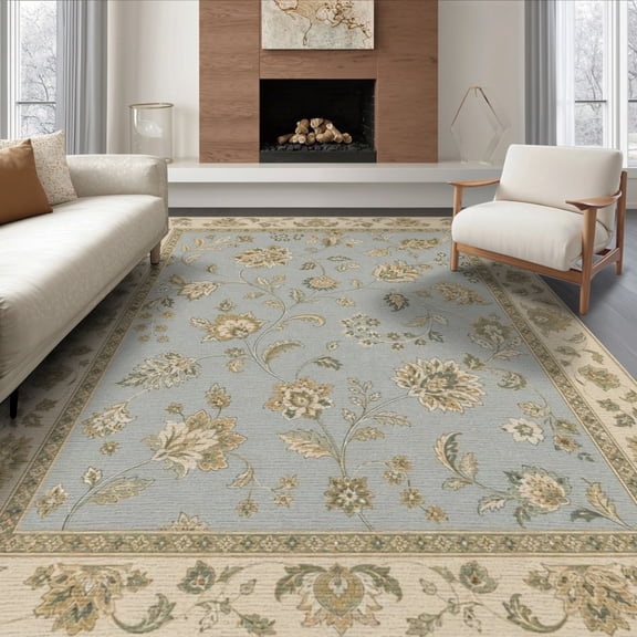 ODIKA 8'x10' Washable Area Rug Non-Slip Chair-Friendly Mat Blue Beige Elegance with Floral Accents Traditional Blossom and Leaf Design Ornate Border for Dining Room, Large Office, Lounge
