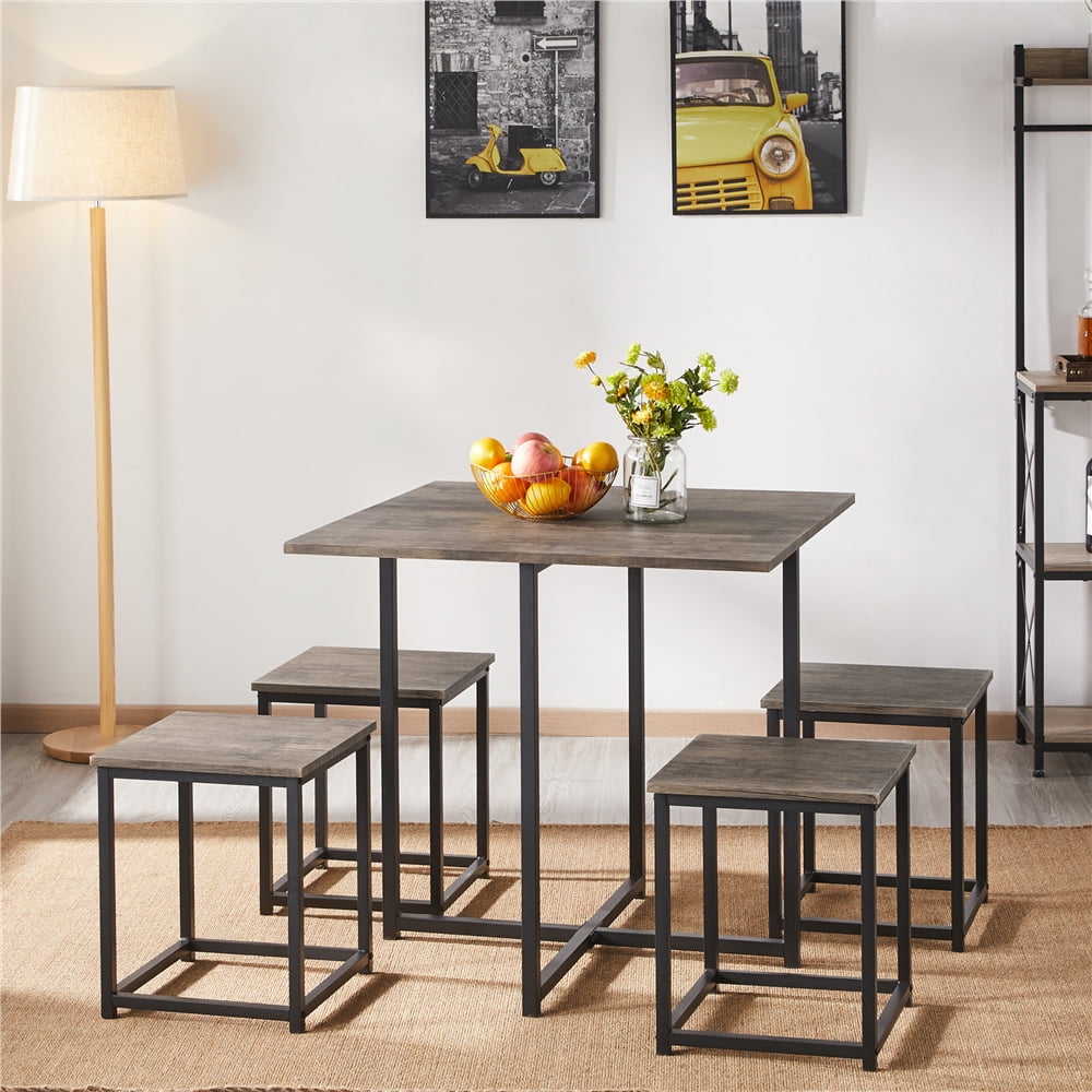 Yaheetech Industrial 5Piece Dining Table Chair Set with Square Table Backless Stools, Drift