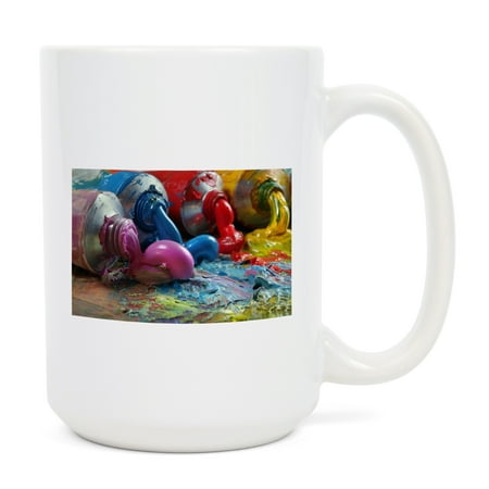 

15 fl oz Ceramic Mug Close Up of Tubes of Oil Paint on a Palette Photography Dishwasher & Microwave Safe
