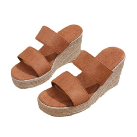 hopeusnice Clearance Women s Wedge Sandals Summer Open Toe Buckle Strap Platform Espadrille Slides Shoes Wedge Heels Slip On Summer Beach Sandals Brown 42