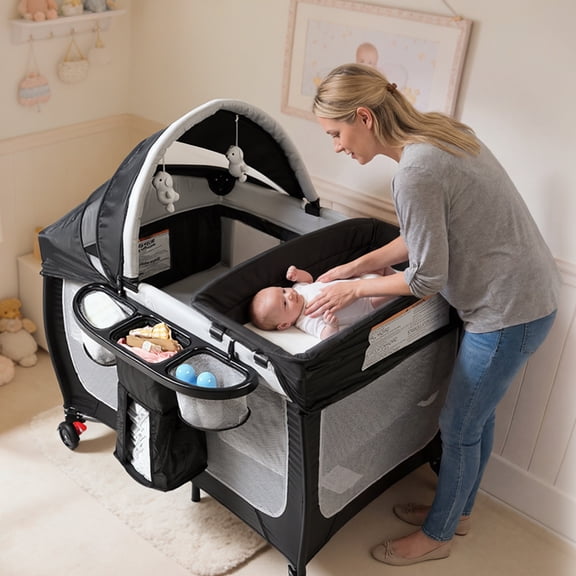 LINLUX 3-in-1 Baby Playard, Portable Crib with Changing Table, Newborn Infant Bed