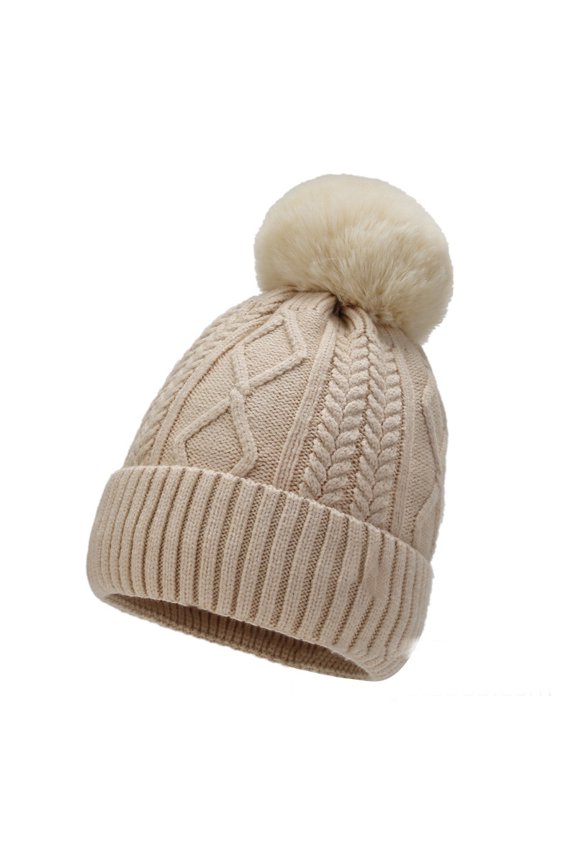 Winter Beanie Hats for Women Knit Hat Girls Double Layer Fleece Lining Bobble Hat with Faux Fur Pom Pom