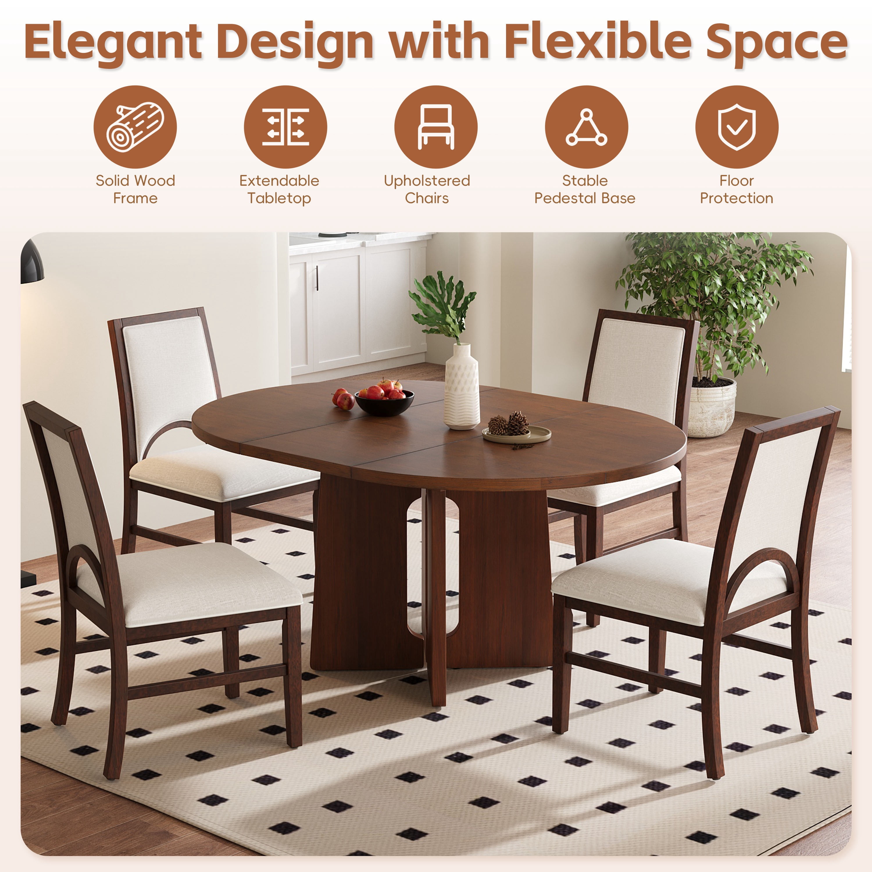 Euroco 5 Piece Wood Round Dining Table Set for 4, 41.3"-57.3" Extendable Kitchen Table Set with 4 Upholstered Chairs & Removable Leaf for Kitchen,Dining Room,Brown