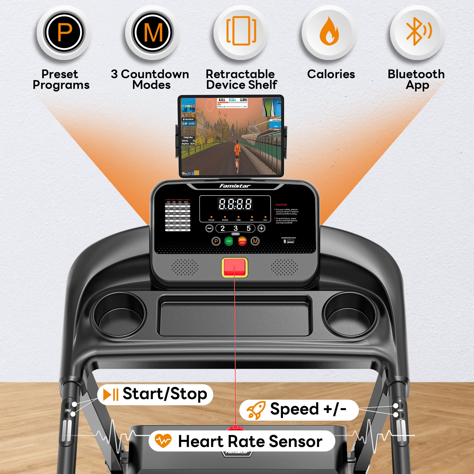 Folding Treadmill 300lbs Capacity, 6% Incline Treadmill with App Control, Electric Treadmill for Home Use, Free Fit Course, 64+3+3+1Programs, Shock Absorption, Home&Office