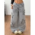 thumbnail image 4 of Grey Wide-Leg Baggy Jeans With Distressed Star Appliqué For Women, 4 of 30
