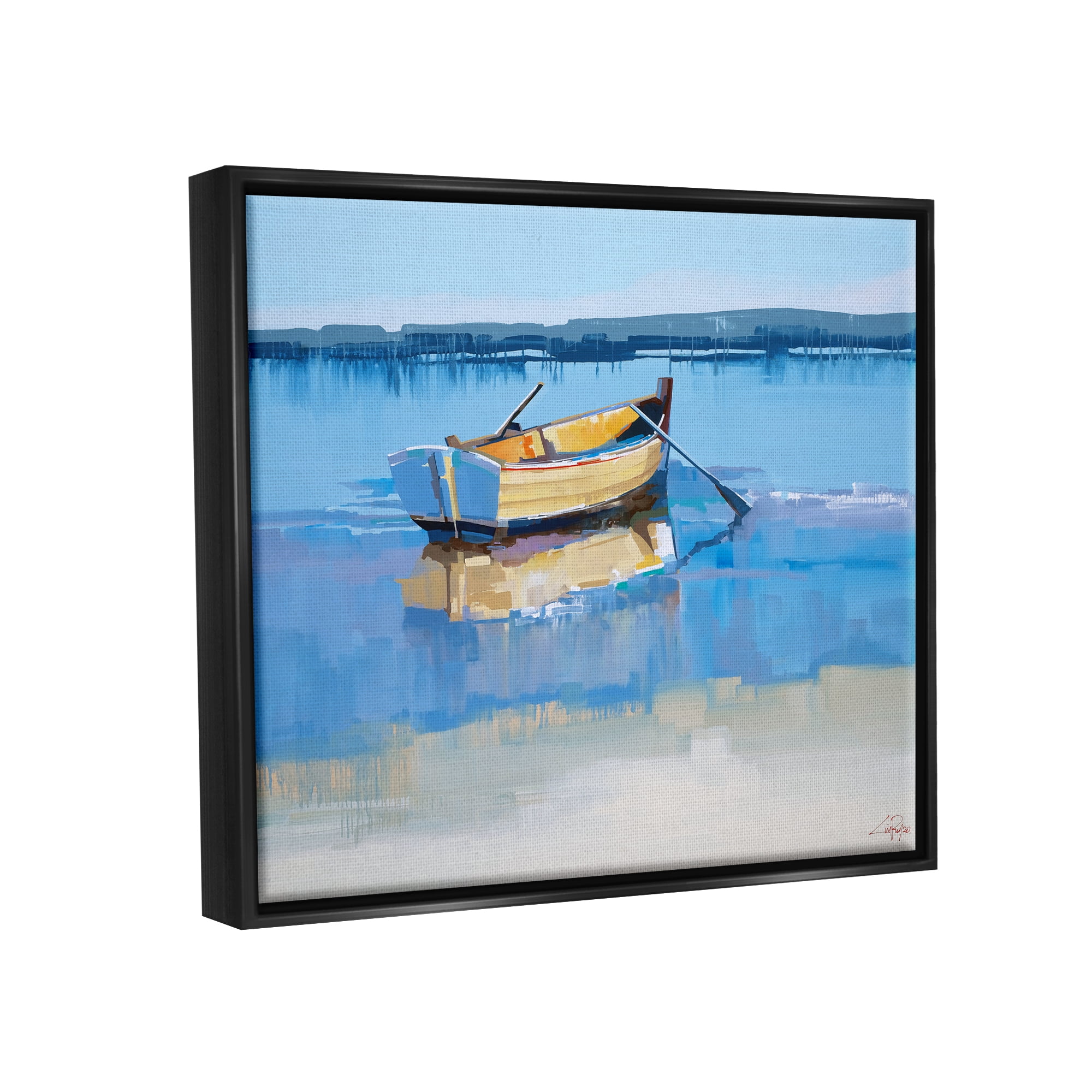 Stupell Industries Row Boat on Blue Coastal Shore Beach Landscape Jet Black Framed Floating Canvas Wall Art, 16x20, by Craig Trewin Penny