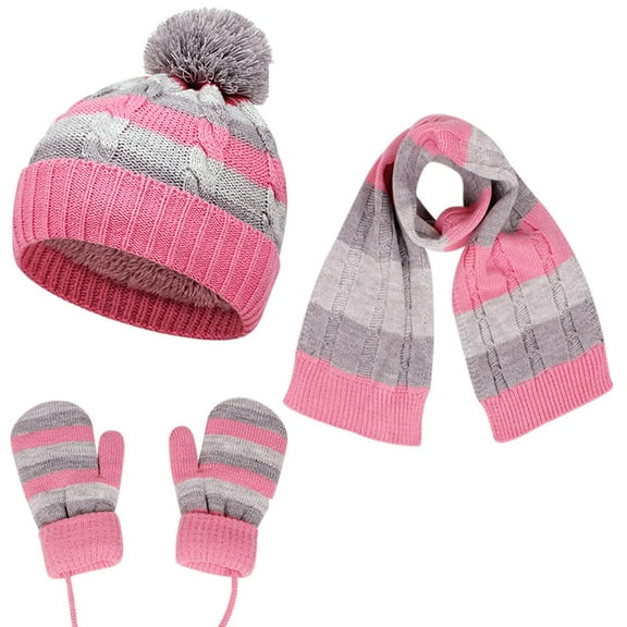 NAISIBABY Boys Girls Beanie Scarf Gloves Set, Kids Winter Striped Knit Hat Warm Scarf and Mittens 3-Piece Pink 3-10T