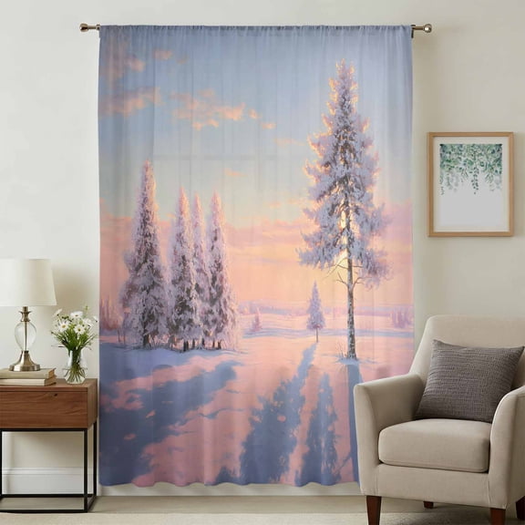 Pink Winter Landscapes Sheer Curtains 72 Inches Long, Nature Snow Forest Sunset Light Filering Curtains, Breathable Simi Curtain Privacy Drapes for Living Room Bedroom Lightweight Window Treatment