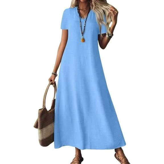Women Dress Solid Color Short Sleeve V Neck Casual Maxi Flowy Loose Modest Beach Vacation Dress 2025