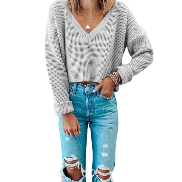 Suéter de punto para mujer, Prendas de punto con cuello en V para mujer Prendas de punto de manga larga con cuello en V para mujer Top de punto corto para mujer Rendimiento finamente sintonizado