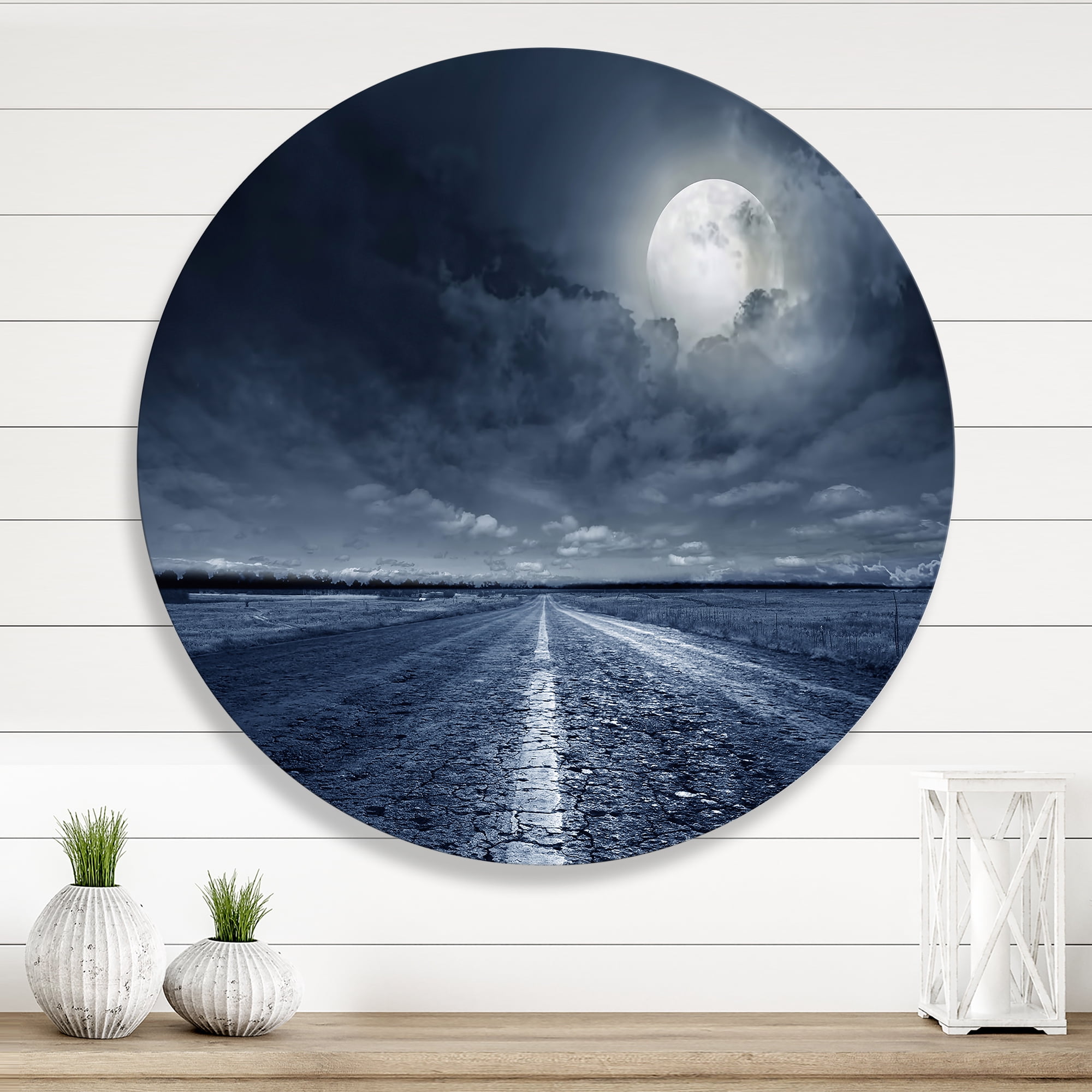 Cloudy Full Moon Over Asphalt Road I 11 in x 11 in Painting Art Prints, by Designart